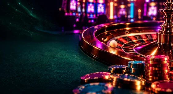 Roulette wheel with stacks of chips on a green table