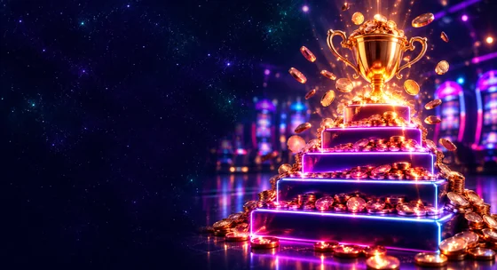 Golden trophy on neon steps covered in coins