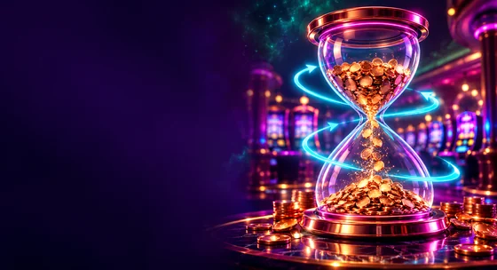 Hourglass filled with bronze coins and cyan arrows