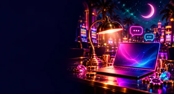 Laptop and desk lamp with neon chat bubbles