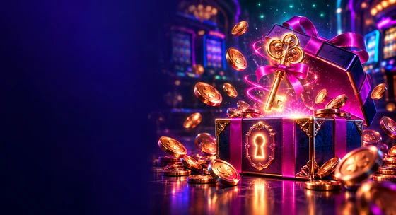 Golden key in an open gift chest with coins