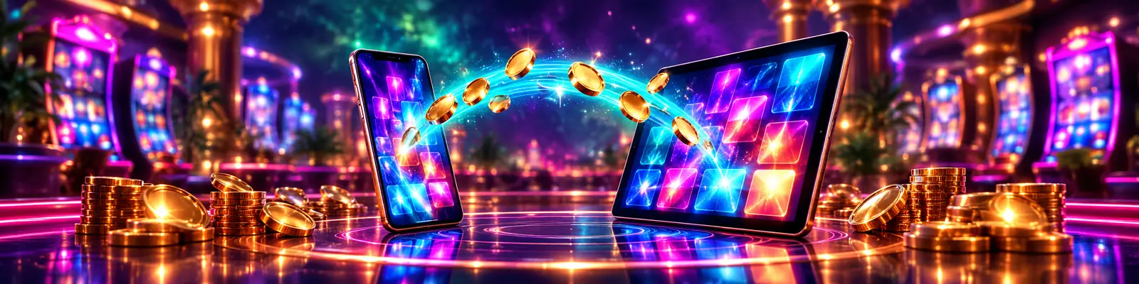 Smartphone and tablet linked by a stream of bronze coins in a neon casino hall