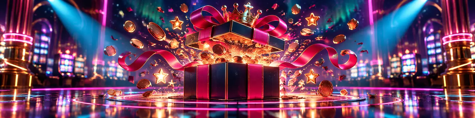 Open gift box with a golden crown, stars and coins on a neon stage