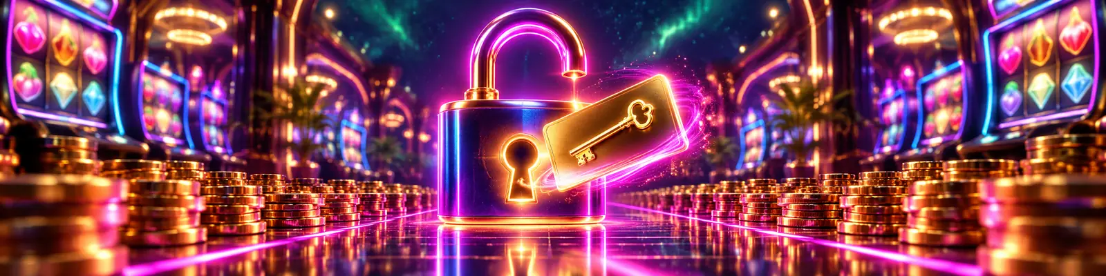 Neon padlock opened by a golden key card between rows of bronze coins