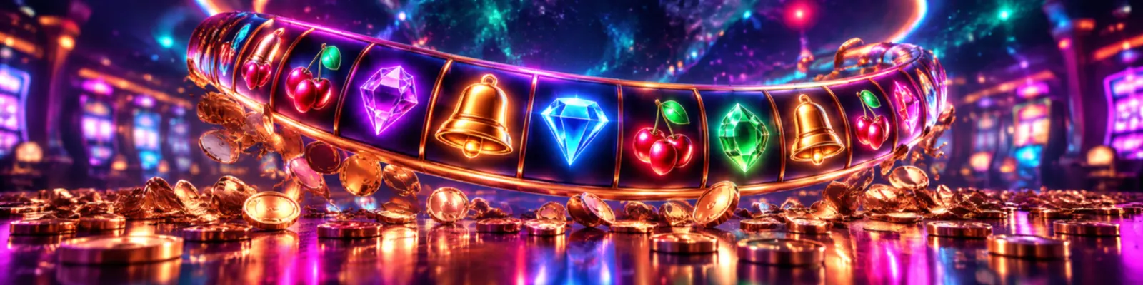 Curved neon slot reel with cherries, bells and gems above scattered coins