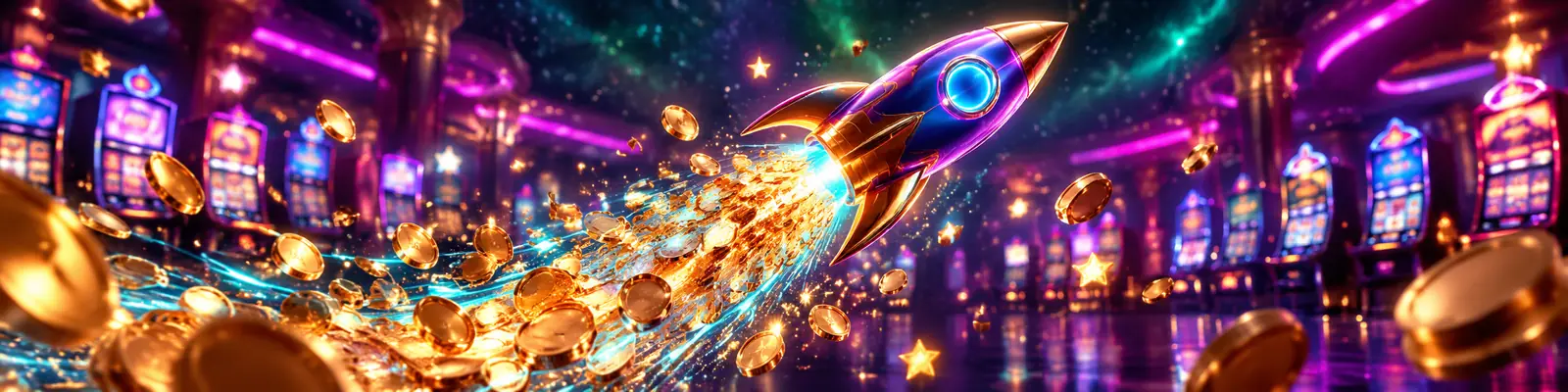 Rocket leaving a trail of bronze coins through a neon slot hall