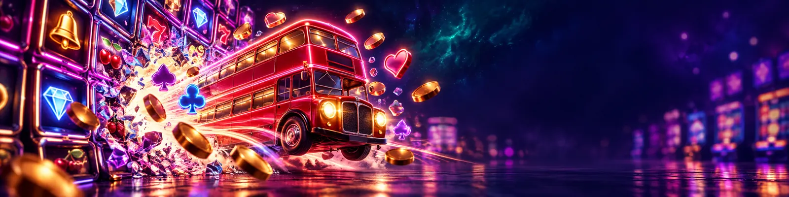 Red London double-decker bus bursting through a wall of neon slot symbols and coins