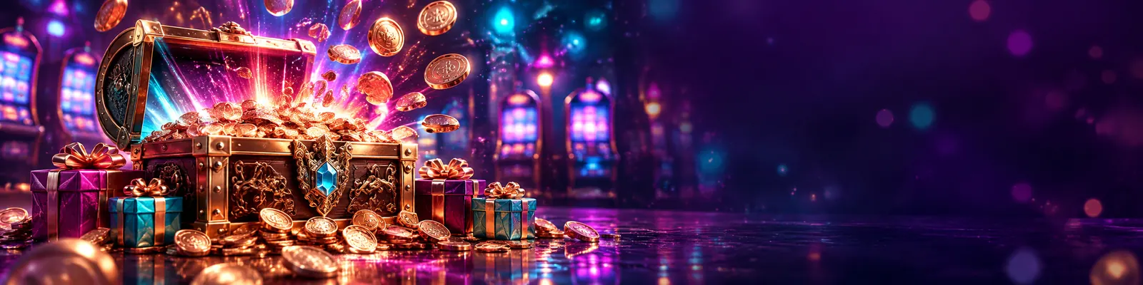 Treasure chest overflowing with bronze coins beside wrapped gift boxes
