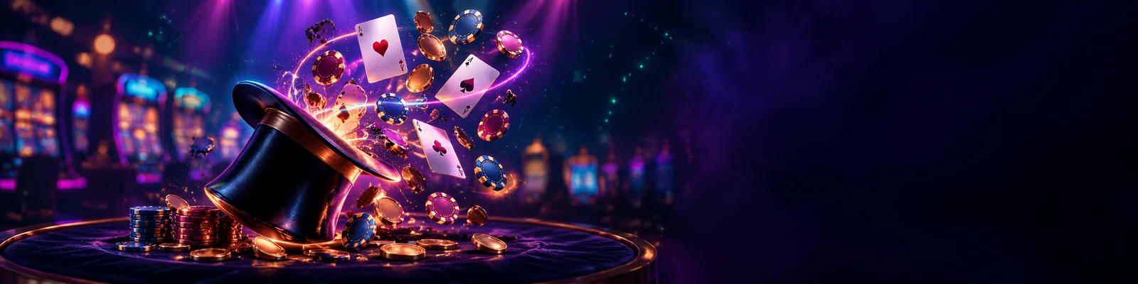 Magician's top hat releasing playing cards and casino chips on a velvet table