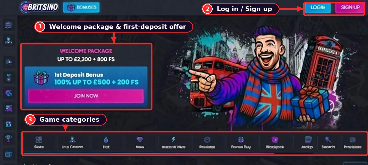Annotated screenshot of the Britsino home page with the sign-in and registration buttons marked