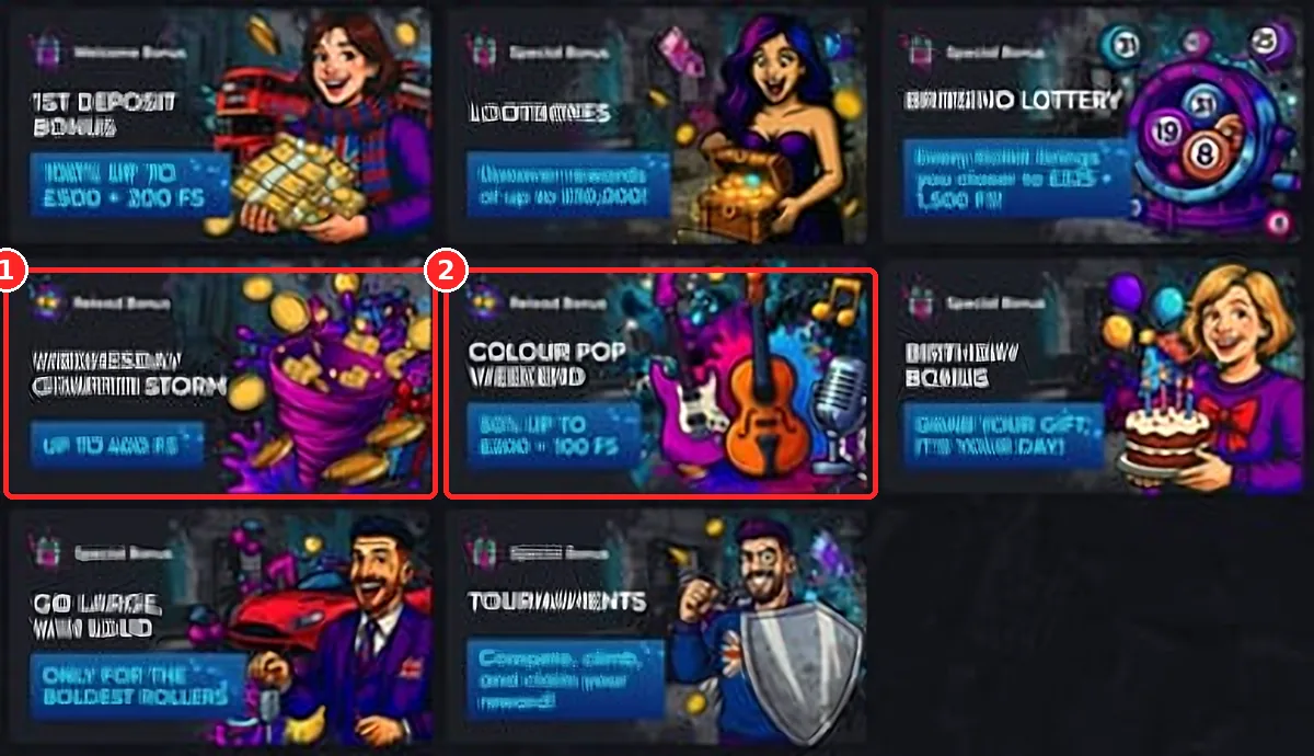 Annotated screenshot of Britsino promotion cards linked to deposits
