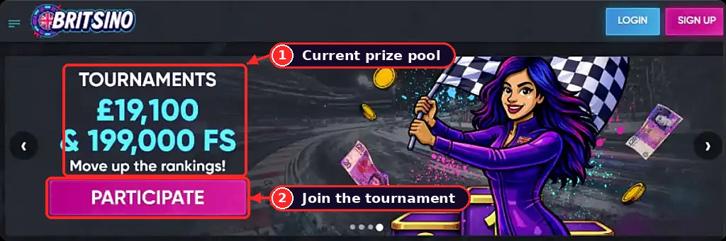 Annotated screenshot of a Britsino tournament banner